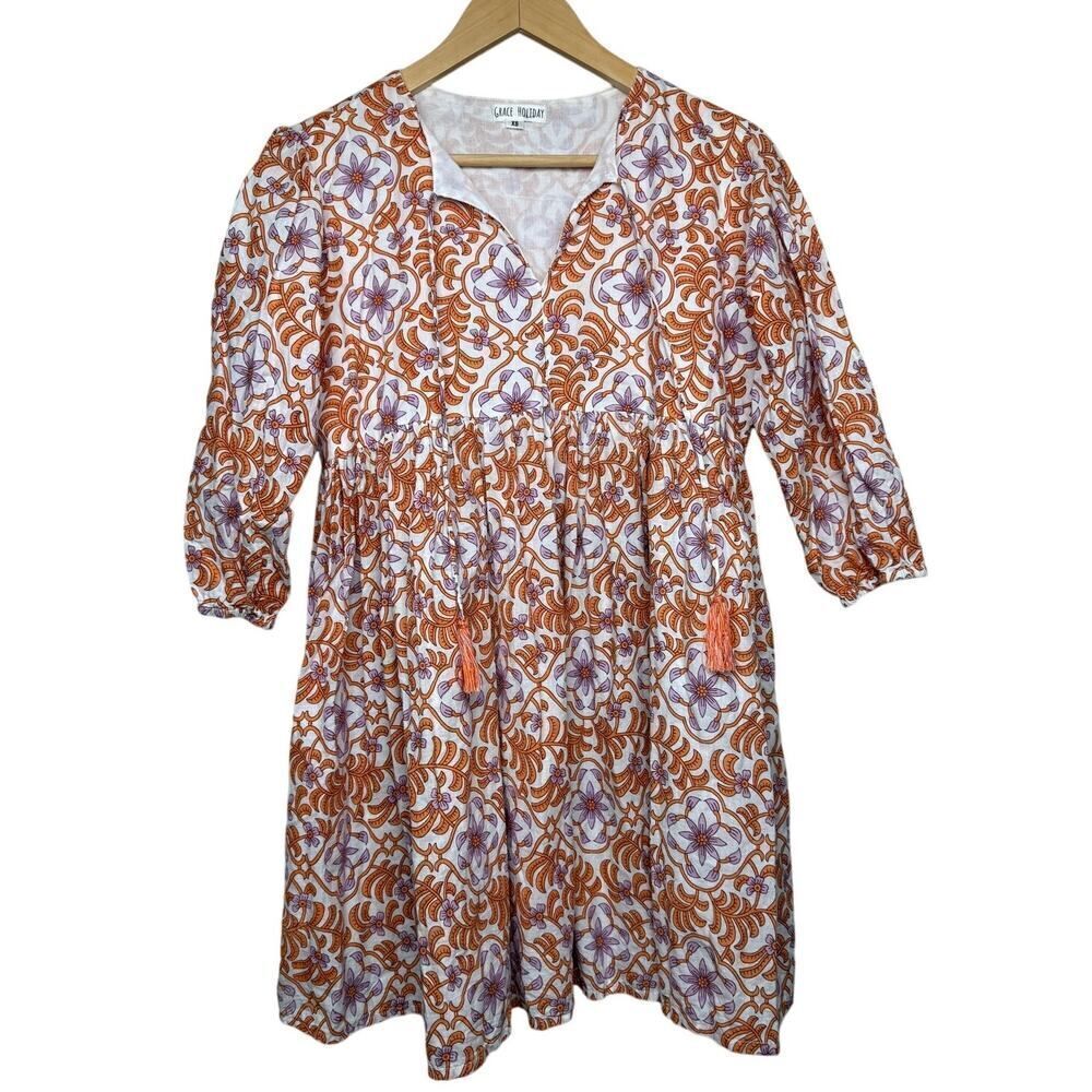 Grace Holiday Orange Purple Cotton Tassel Mini Dress Sz. XS